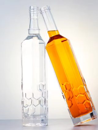 Alternative view of Honeycomb design pattern glass liquor bottle with cork stopper BC047