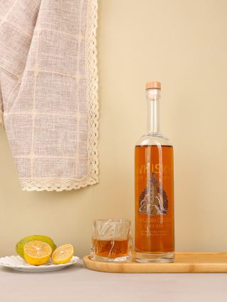 750ml Clear Glass Liquor Bottle with Bar Top Neck Finish and Glossy Dark Wood Varnish Closure - Image 2
