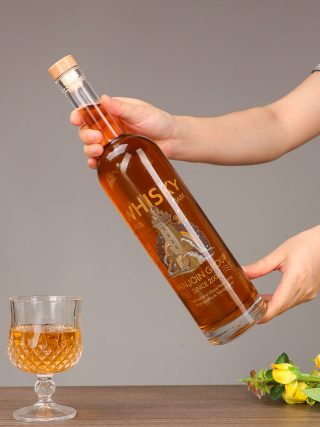 750ml Clear Glass Liquor Bottle with Bar Top Neck Finish and Glossy Dark Wood Varnish Closure - Image 3